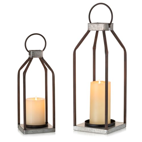 Rustic Metal Lantern Decorative Set of 2 Indoor Hanging Farmhouse Lantern Decor Candle Holder for Table Centerpiece Fireplace Mantle Shelf Porch 16 13 Bulk Home Fall Decoration