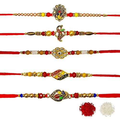 SATVIK 5 Pc Rakhi for Brother Bhaiya Bhabhi Traditional Handmade Assorted Designer Rakhi Set Roli Chawal, Greeting Card & Soun Stickers Rakhi Thread Rakhdi Bracelets Rakshabandhan