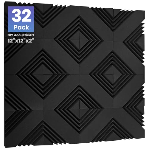 Focusound 32 Pack Paneles de Espuma Acústica Negra 2" x 12" x 12" Paneles Acústicos para Aislamiento Sonoro con 180 Piezas de Puntos Adhesivos Reutilizables de Doble Cara miniatura 1