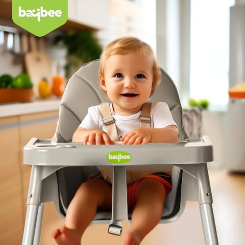 Image of Baybee 2 in 1 Baby High Chair for Kids, Baby Feeding Chair with 2 Height Adjustable, Footrest, Tray, Mobile Stand, 3 Point Safety Belt | Kids High Chair for 6 Months to 3 Years (Grey)