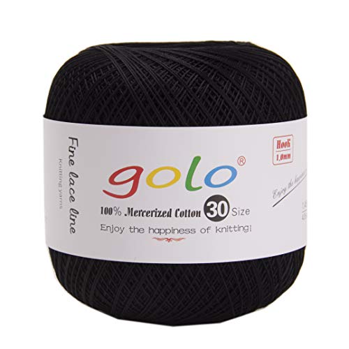 golo Crochet Thread Size 30 Yarn for Hand Knitting Lace Yarn Crochet Yarn for Crocheting, 901 Black, 40g/400m