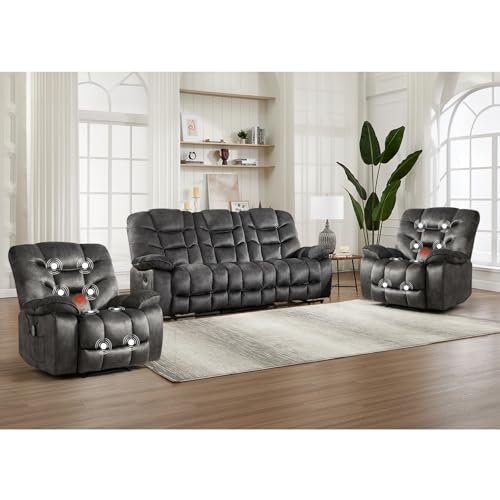 Image of HAOMARKETS 3 Pieces Recliner Sofa Furniture Set, Include 2 Power Recliner Chairs with Message&Heat and a 3-Seater Reclining Couch for Living Room, Grey