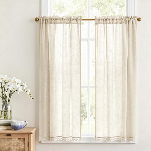 Vangao Visillos modernos para cocina, color beige, aspecto de lino, juego de 2 unidades, 90 x 115 cm, cenefa de encaje con barra, estilo bohemio, estilo rústico, translúcido