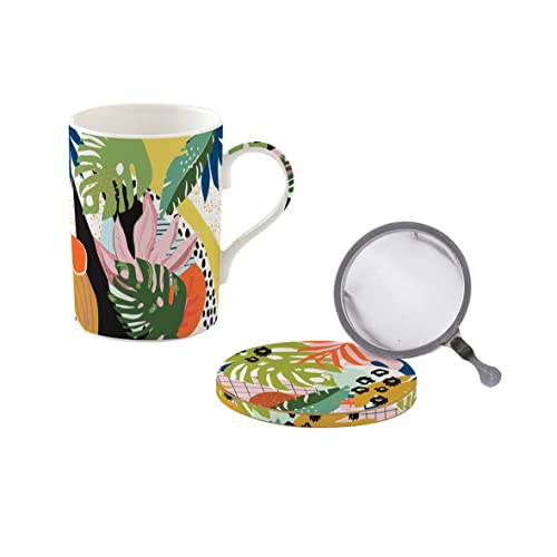 COFFRET TISANIERE 35CL EN PORCELAINE AVEC FILTRE INOX AMBIANCE TROPICALE