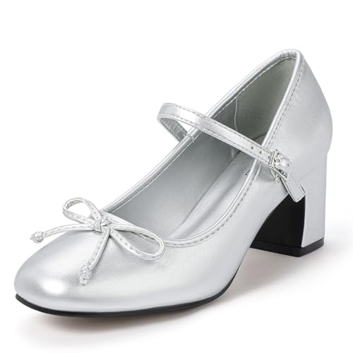 Image of IDIFU IN2 Mary Janes for Women Closed Toe Block Heels Cute Bow Dress Shoes