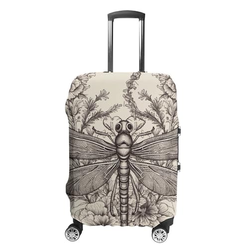 Hand Drawn Floral Dragonfly Elastic Luggage Cover Suitcase Protector for 19-32 Inch Suitcases | Universal Stretchable Travel Bag Cover | Anti-Scratch, Washable with Zipper Closure XL