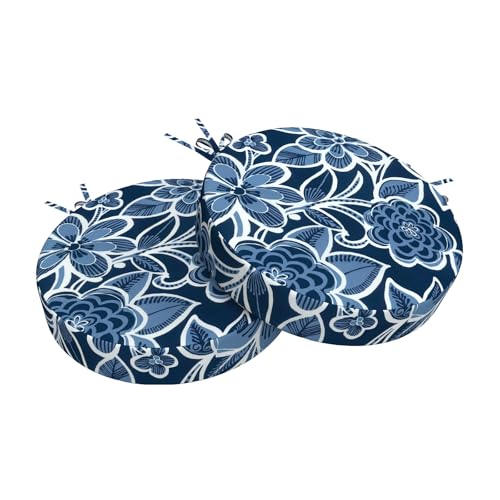 TWLEAR Outdoor Bistro Chair Cushions for Patio Furniture,Patio Bistro Round Foam Seat Cushion with Ties,15" D x 2.5" H,Flower Navy