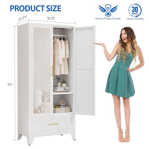 Image of GAIOUS Steel Armoire WardrobeCloset with Mirror Door and Drawer 71 inch White