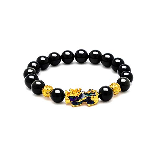 Nakido Feng Shui Black Obsidian Wealth Bracelet, Feng Shui Pi Xiu 12Mm Black Hand Carved Mantra Adjustable Elastic Bead Bracelet For Men Women Attract Wealth Money (Discolor Pixiu Golden Bead 1Pcs) #TOP4