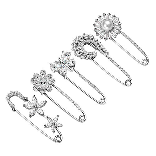 Top Plaza Pack of 5 Women Fashion Rhinstone Crystal Accented Golden Safety Pin Jewelry Brooch Breastpin - Catch Scarf,Lapel or Collar