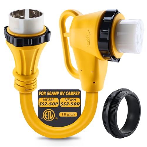 Patioer 50 Amp Dogbone RV Adapter Cord for Pressure Relief, Twist Lock Male Plug to 90-Degree Locking Female Receptacle, NEMA SS2-50P to SS2-50R, Yellow, 18 Inch, ETL Listed