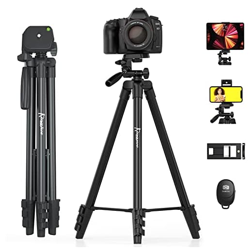 KINGJUE 60'' Camera Phone Tripod Stand Compatible with Canon Nikon DSLR with Universal Tablet Phone Holder Remote Shutter Bubble Level and Carry Bag Max Load 6.6LB