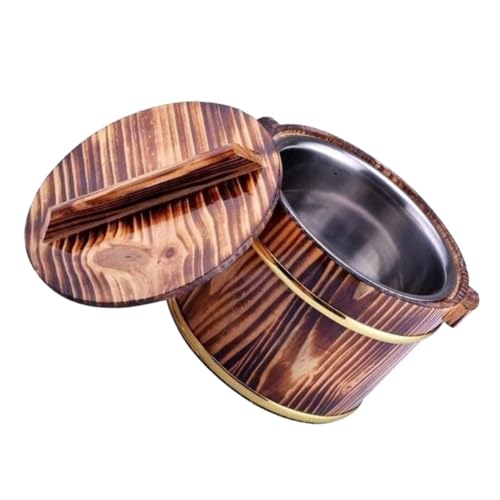 EXAOMBLE 木製寿司飯バケツ 炭化加工 内側ステンレス製 食品 蓋付き持ち手付き ベジタブル盛付け用 多用途米飯容器 家用刺身盛皿