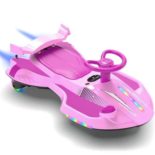 LALAHO Coche Eléctrico para Niños 12V, Coche de batería con Pedal, vehículo eléctrico 2 en 1 con 2 velocidades, Luces LED, protección antivuelco y Ruedas iluminadas, 3 años+ (Rosa-Morado)