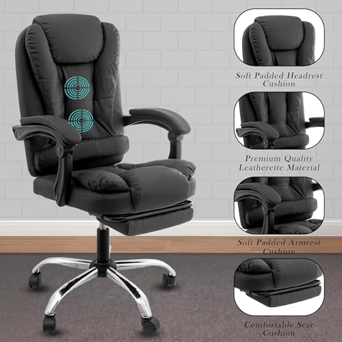 Image of Casa Copenhagen Italia Leatherette Office Chair for Work | Boss Chair, Ergonomic Executive, Luxurious Cushioned Arms & Seat, 2 Point Back Massager, Adjustable Leg Rest, Heavy Duty Metal Base (Black)
