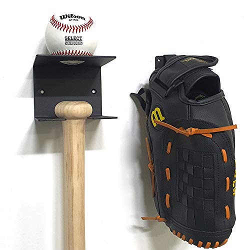 TheJD Baseball Bat and Baseball Holder- Wall Mounted Baseball and Bat Display Rack, Black Steel Baseball Bat Wall Hanger, Hold (Ball + Bat + Glove Rack)