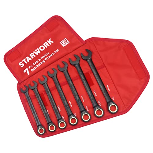 STARWORK True Mechanic™ 7Pc. 120T SAE&Metric Ratcheting Wrench Set, Professional, with Roll-Up Pouch Bag, Black, 7 PC 120T - Image 2