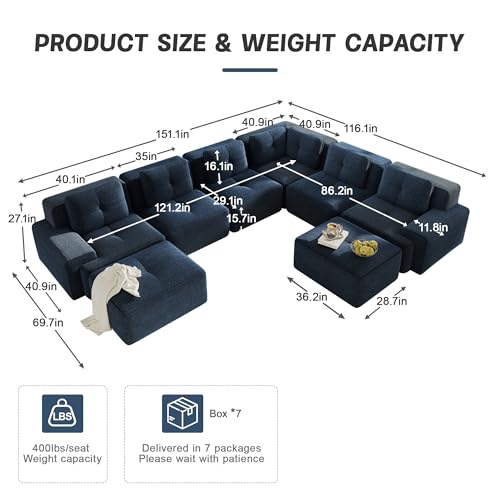 Image of 151.1 inch Large Modular Sectional Sofa for Living Room, 6-Seater V-Shaped Boneless Corner Sofa, Comfy Cloud Couch with 2 Movable Ottomans, Corduroy Design for Family Space, No Assembly, Blue