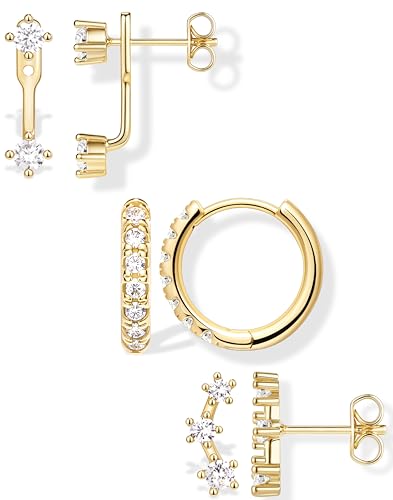 Trendy Earrings Stack for Women Accessories, Gold Plated Stud Huggie Hoop Jacket Cartilage Set for Multiple Piercing, Small Cute Fashion Jewelry Gifts Set