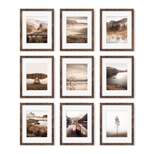YESKAY 11x14 Picture Frame Set of 9, Photo Gallery Wall Frame Set, Display Pictures 8x10 with Mat or 11 x 14 Without Mat, Multi Photo Frames for Wall Mounting or Table Top Display, Rustic Brown