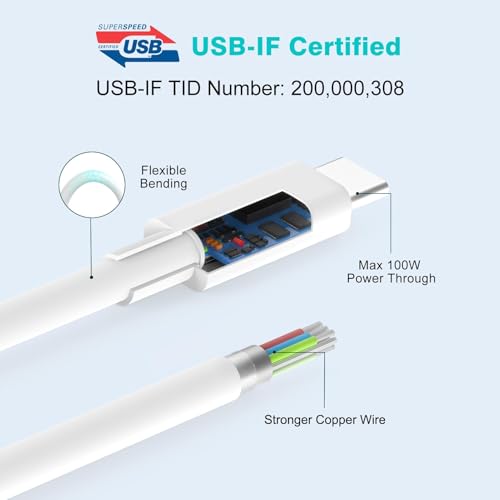 Image of 2 Pack 10ft 100W USB C to USB C Cable for MacBook Pro /Air Charger, iPad Pro, iPad Air, Mini 6, iPhone 16 /15, Samsung, USBC Type C PPS Super Fast Charging Cord