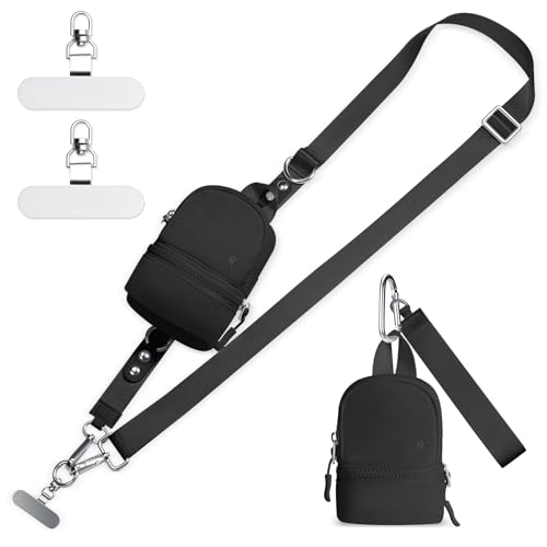 Xebslyti Phone Lanyard Clip and Go Strap for Phone with Crossbody Detachable RFID Mini Backpack Keychain Wristlet Pouch Adjustable Phone Strap with 360° Rotatable Tether Tabs for All Phones(BLACK)