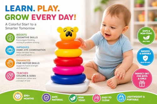 Image of Pyramid Ring Stacking Toy for Babies with Bear Topper | Colorful Rainbow Rings | Educational Learning Toy for Kids 1-3 Years | Includes 1 Stacking Base, Rings, 1 Bear Topper (Multicolor, 5 Ring)
