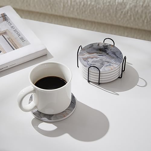 Image of Set of 6 Abstract Dark Blue Marble Coasters with Holder, Absorbent Ceramic Coasters for Drinks, Coasters with Cork Backing for Table Protection, Housewarming Gifts for New Home