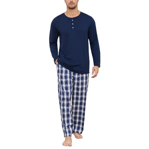 Vulcanodon Mens Pajama Set Long Sleeve, Pajamas Made from Bamboo Pulp Viscose and Cotton Lightweight PJS for Men