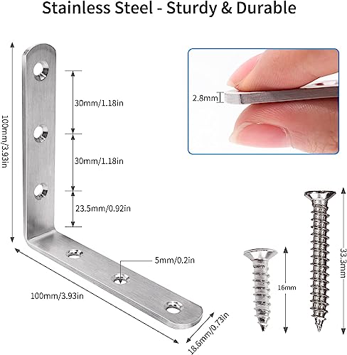 Image of YUMORE Stainless Steel Corner Brace 90 Degree Corner Bracket 100x100mm Right Angle L Brackets Small Wall Shelf Support, 6Pcs, Brushed Finish, with Screws