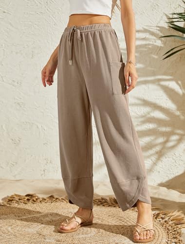 Bsubseach Wide Leg Pants Woman Elastic Waist Drawstring Palazzo Harem Pants Sweatpants with Pockets Khaki 2XL — view 2
