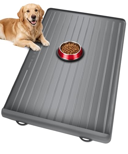 Dog Mat for Food and Water - 39.4" x 27" Large Pet Feeding Mats with Residue Collection Pocket - Waterproof Dog Cat Bowl Mat with High Edges to Prevent Water and Food Spills (Light Grey)