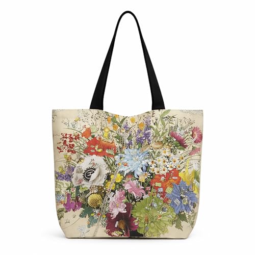 Image of Multiflower Cotton Canvas Tote Bag with Zipper and Inner Pocket | Eco-Friendly Reusable Bag for Shopping, Travel, Work & Everyday Use