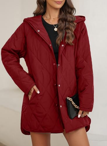 EVALESS Winter Outfits for Women Diamond Quilted Jackets Trendy 2025 Fall Long Sleeve Coat Hooded Button Down Puffer Jacket Solid Shacket Jacket Clothing for Women Dressy Casual, Red Medium3