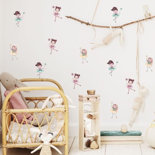 Image of Fairy Wall Stickers for Girls Nursery Bedroom - Watercolor Ballet Dancing Fairies Decals in Pink Green Yellow Tutus for Kids Room - Removable Waterproof Non-Toxic Self Adhesive Magical Wall Art