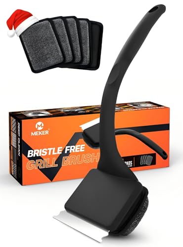 MEKER Grill Brush Bristle Free, Grill Cleaner Brush with 5 BBQ Replacement Head for Cast Iron, Stainless Steel Grates, Safe Grill Scraper Outdoor BBQ Grill, Black