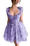 Qgeno 3D Butterfly Tulle Homecoming Dresses for Teens Short Spaghetti Straps Lavender Dama Dress A Line Princess Garden Party Gowns US0