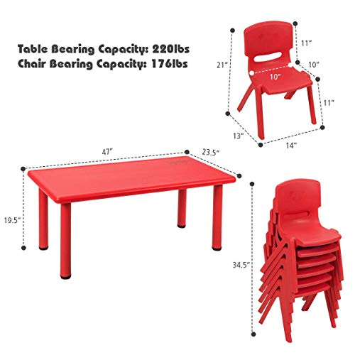 Costzon Kids Table And Chair Set, 6 Pcs Stackable Chairs, 47 X 23.5 Inch Rectangular Plastic Activity Table Set For Children Reading Drawing Playing Snack Time, Toddler School Furniture (Red) #TOP6