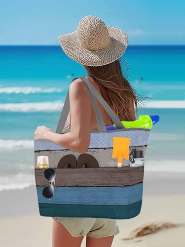 Mesh Beach Bag Oversized Tote Bags for Women Farm Blue Wood Board Large Travel Pool Bags with 8 Pockets3
