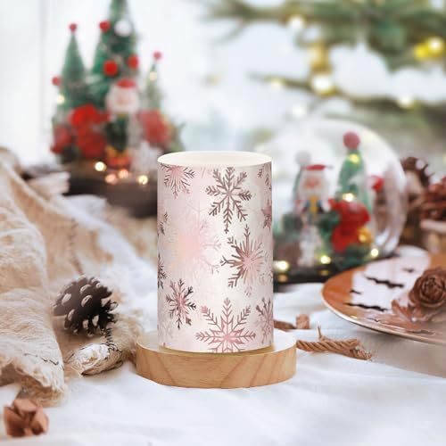 Image of Christmas Lights Flameless Candles Seamless Pattern Rose Gold Snowflakes Pillar Candles Set of 2 Battery Operated Remote Control Warm Lights Home Decor