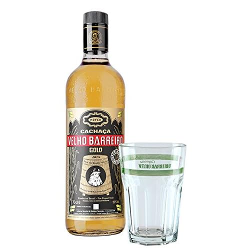 Cachaça Velho Barreiro GOLD 0,7 L Geschenk-Set/brasilianischer Qualitäts-Zuckerrohrrum, 3 Jahre Lagerung plus 1 1 Caipirinha Glas mit VELHO BARREIRO Aufschrift