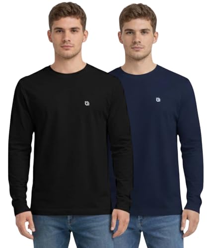 Image of Bahob® 2 Pack Men's Long Sleeve T-Shirt Top Round Neck Full Sleeve T-Shirt Soft Cotton S-XXXL (XL, 2 Pack/Black X Navy)