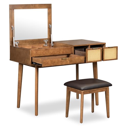 GDFStudio 43.3" Makeup Vanity Set with Flip Top Mirror, Brown Classic Wood Dressing Table with Three Drawers, Upholstered Stool, Hidden Mirror Design, Storage Vanity Furniture for Bedroom by GDFStudio - Used condition - Image 8
