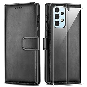 Reshias Hülle Kompatibel mit Samsung Galaxy A33 5G, Schwarz PU Leder Flip Brieftasche Schutzhülle mit EIN Gehärtetes Glas Schutzfolie Displayschutzfolie für Samsung Galaxy A33 5G (6,4 Zoll)