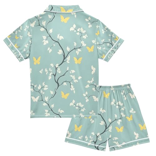 senya Leaves Green Butterflies Satin Summer Pajama Sets Silk Short Sleeve Button Down Sleepwear2