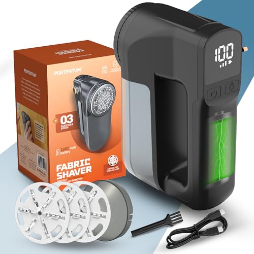 PORTENTUM Levapelucchi Elettrico con Luce LED – Display Digitale, 3 Velocità fino a 9.000 RPM, Lama a 6 Foglie, Grande Serbatoio, Togli Pelucchi per Abiti e Casa Ricaricabile USB C, Potenza Reale 15W