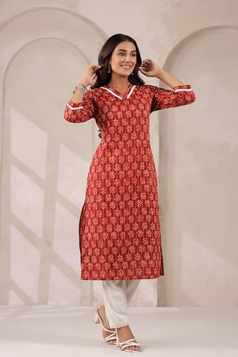 Image of Ichaa Women's Pure Cotton A-Line Ethnic V-Neck Kurta with 3 /4th Sleeve for Daily and Office Wear, in Plus Sizes