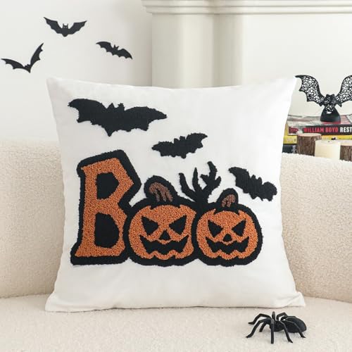 Jonhier Halloween Throw Pillow Cover - Embroidered Bats & Pumpkins