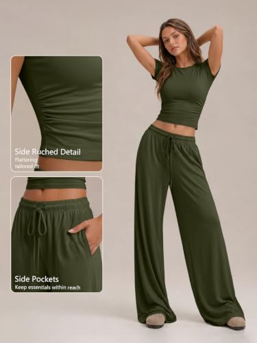 Image of Trendy Queen Women's 2 Piece Matching Summer Lounge Set with Pockets | Vacation Airport Travel Outfits, Workout Gym Clothing Comfy Athleisure Clothes, Side-ruched Top, Drawstring Wide Leg Pants