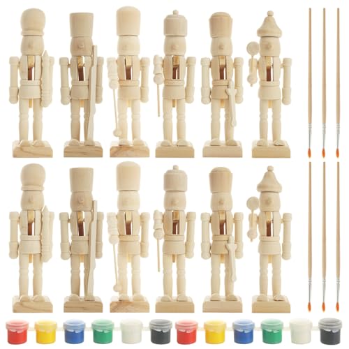LOLYSIC 12 Pack Unpainted Nutcracker, Wooden Nutcracker Unfinished DIY Craft Christmas Decor, DIY Nutcracker, 4.7 Inch, with Paint and Brushes